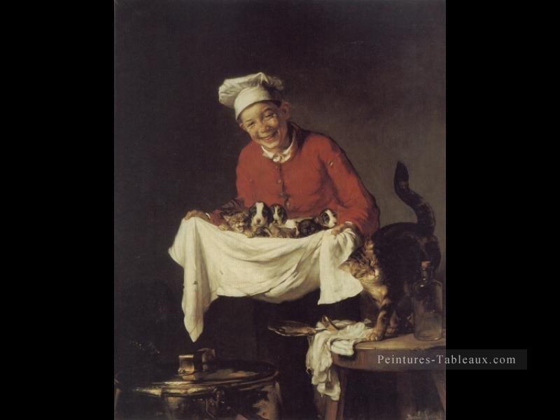 Un garçon avec Chiens et chatons Joseph Claude Bail Peintures à l'huile
